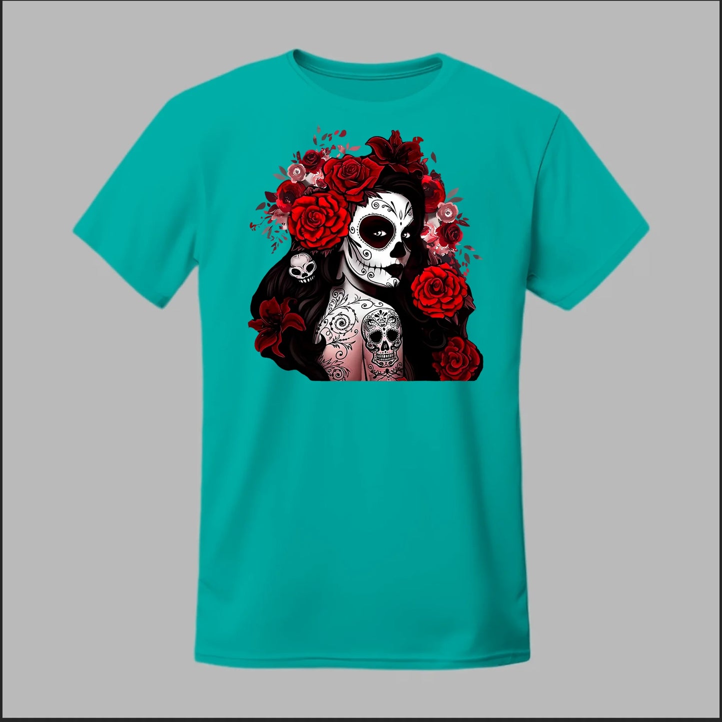 Día de los Muertos Red Roses Sugar Skull Tee