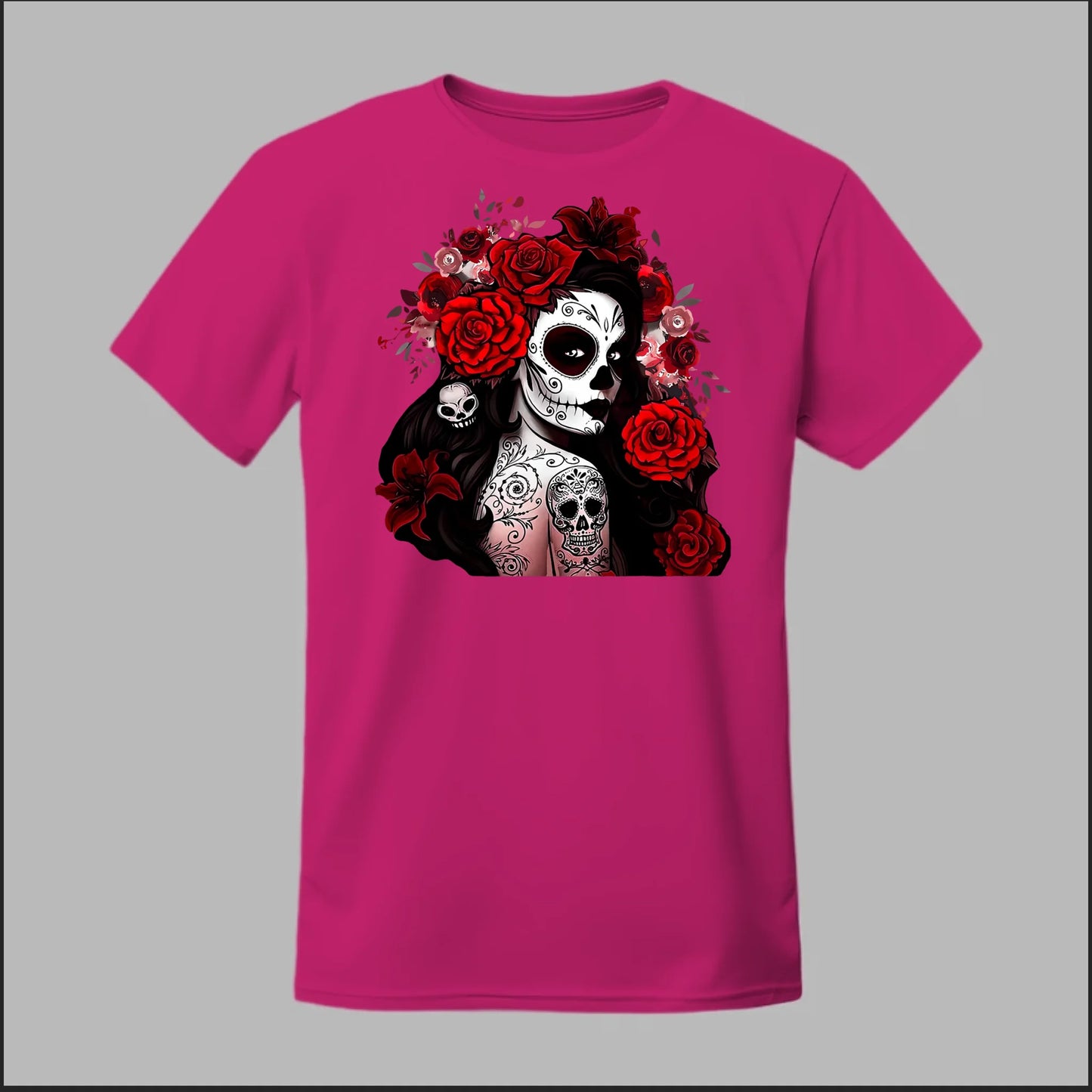 Día de los Muertos Red Roses Sugar Skull Tee