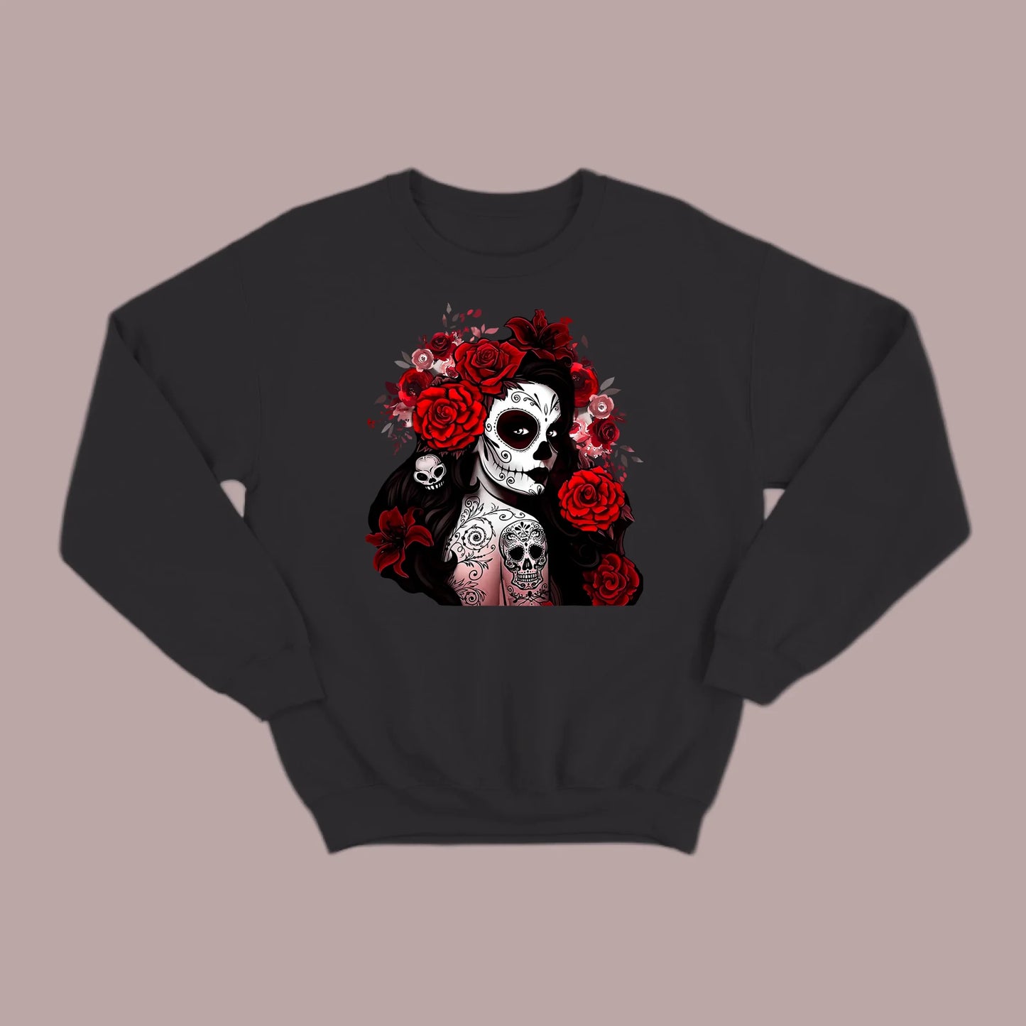 Día de los Muertos Red Roses Sugar Skull Sweatshirt