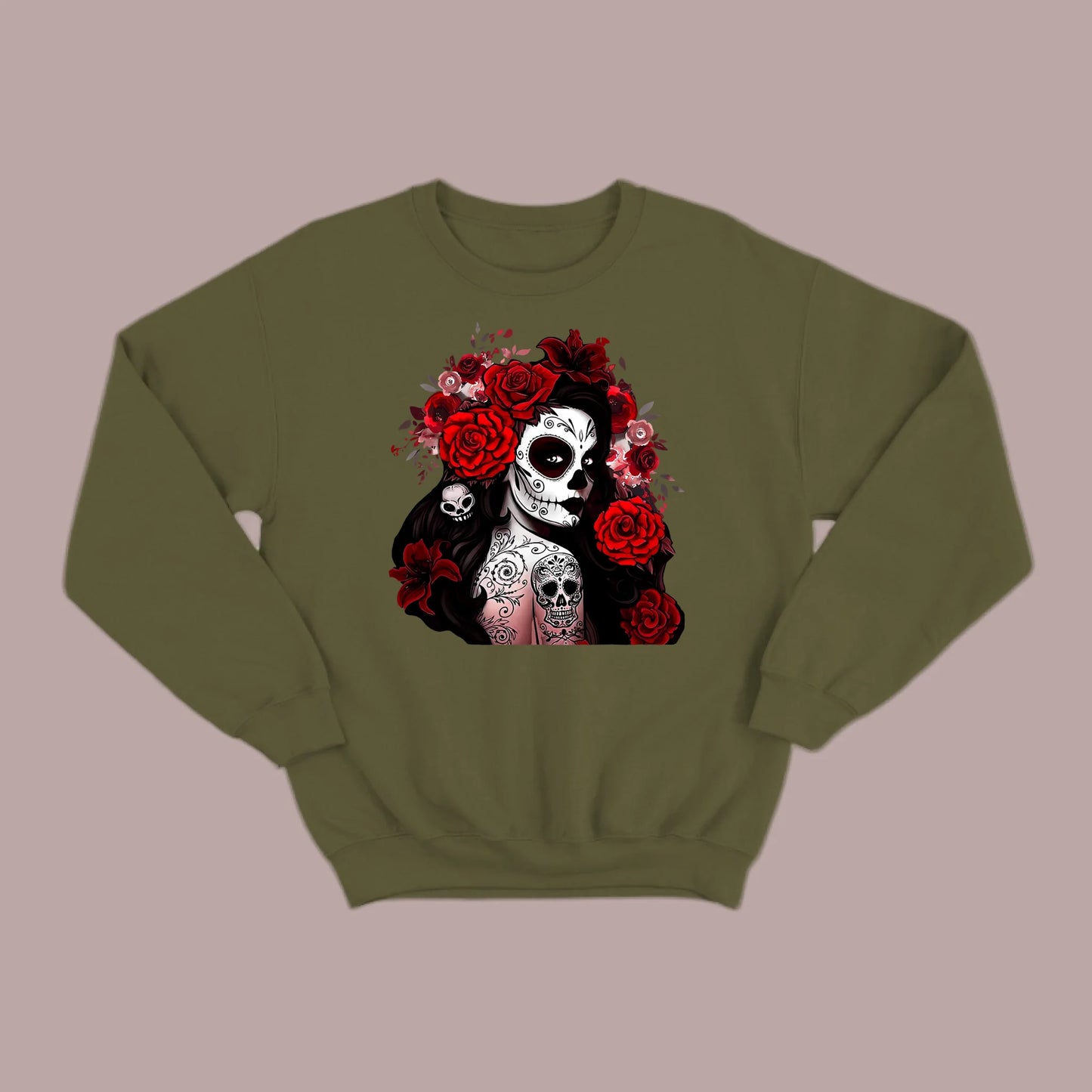 Día de los Muertos Red Roses Sugar Skull Sweatshirt