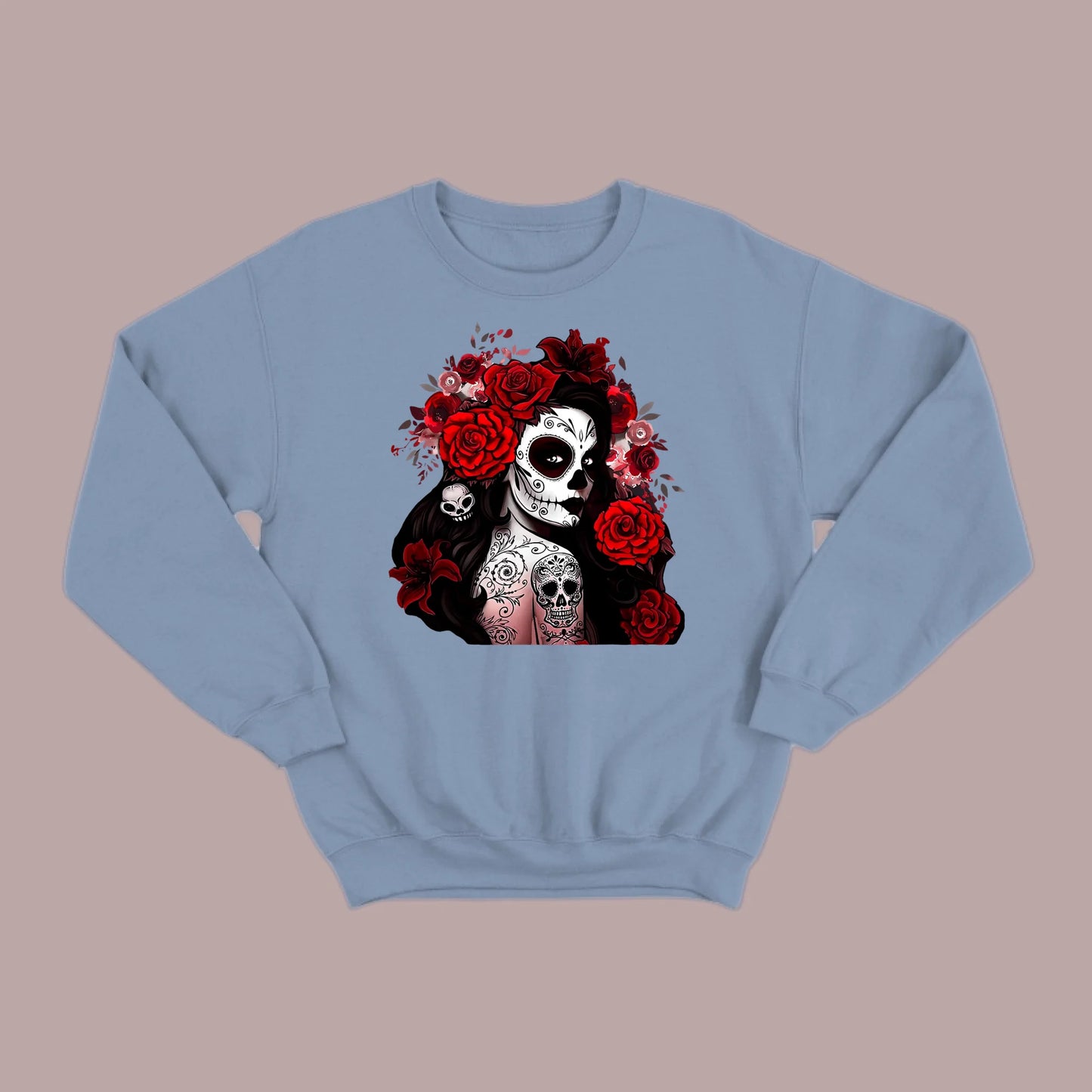 Día de los Muertos Red Roses Sugar Skull Sweatshirt