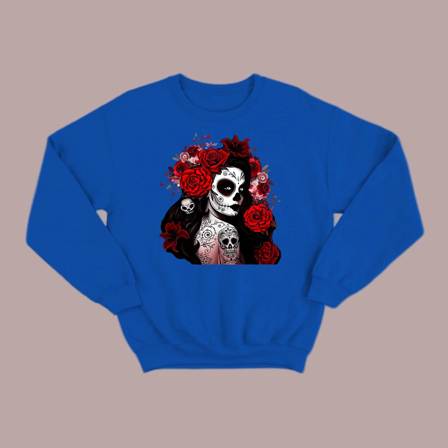 Día de los Muertos Red Roses Sugar Skull Sweatshirt