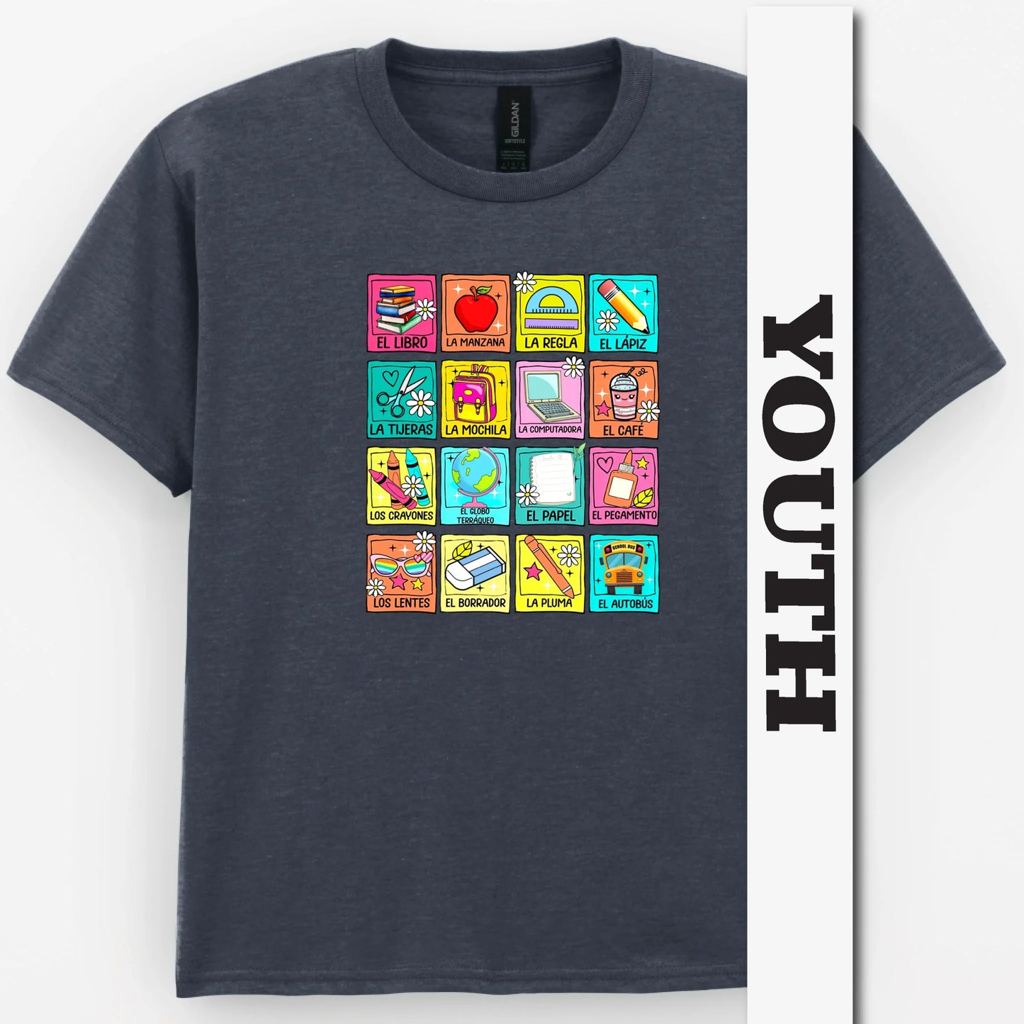Spanish School Words – Colorful Bilingual Youth Shirt