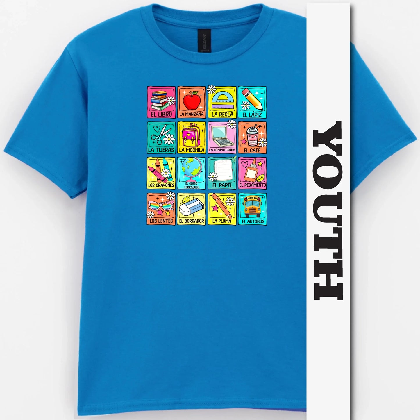 Spanish School Words – Colorful Bilingual Youth Shirt