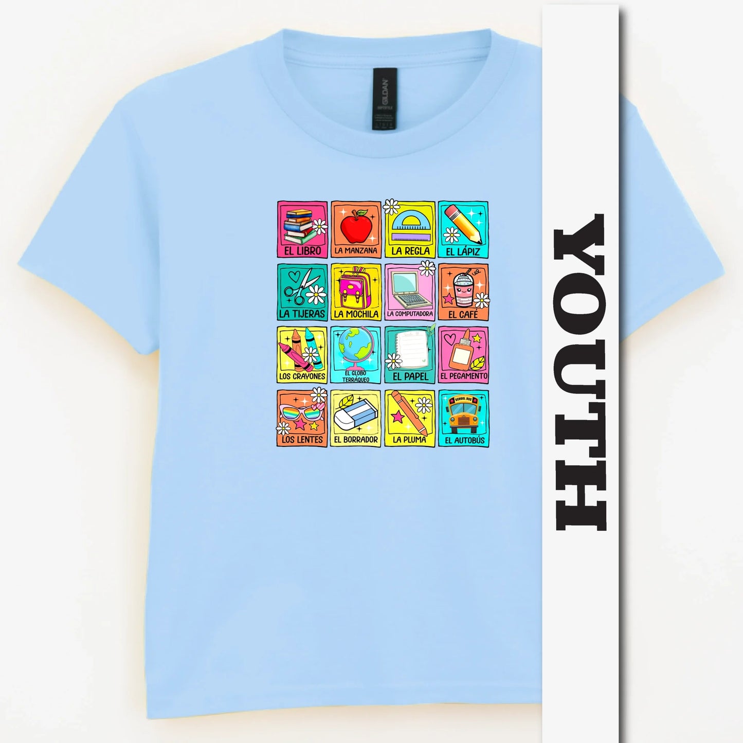 Spanish School Words – Colorful Bilingual Youth Shirt