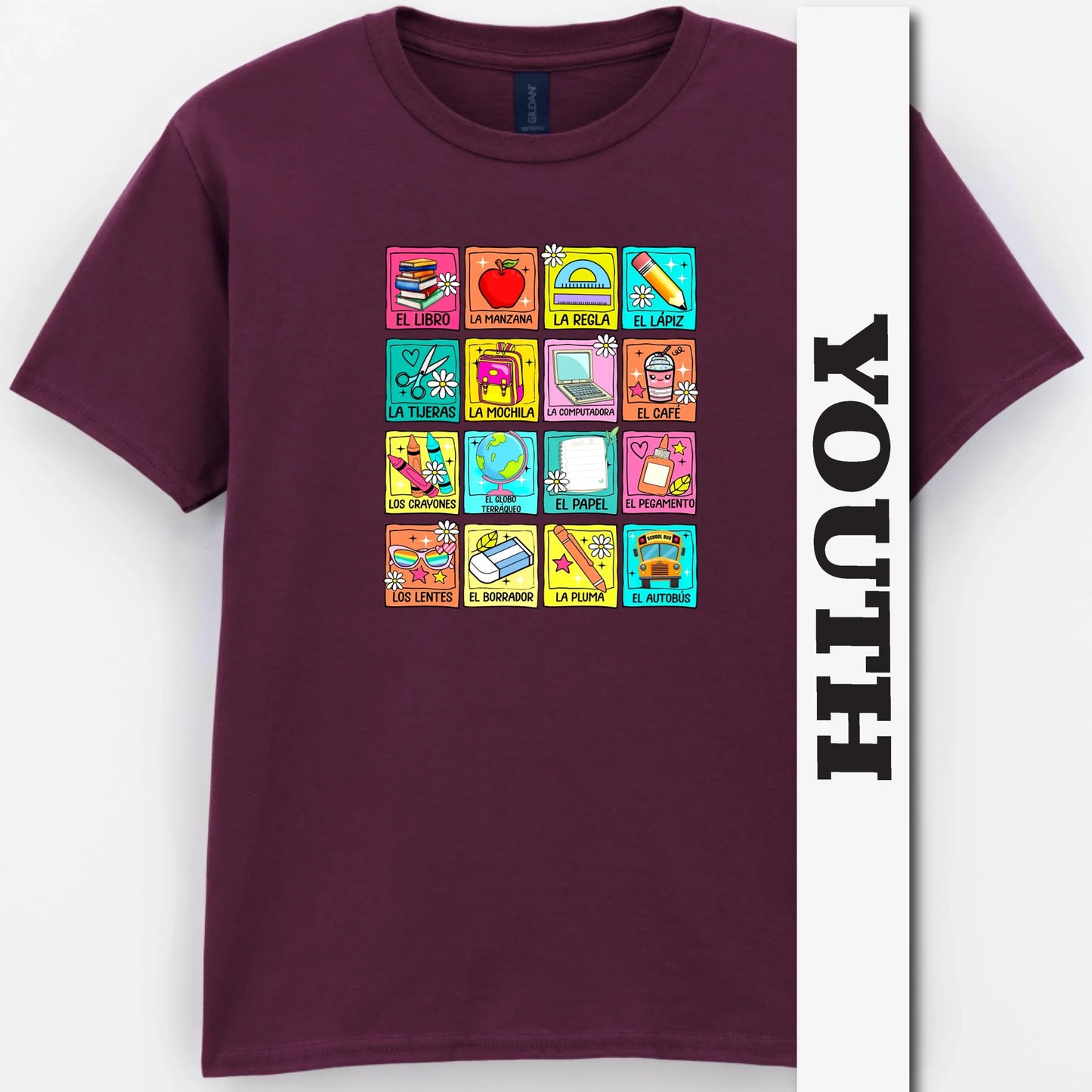 Spanish School Words – Colorful Bilingual Youth Shirt