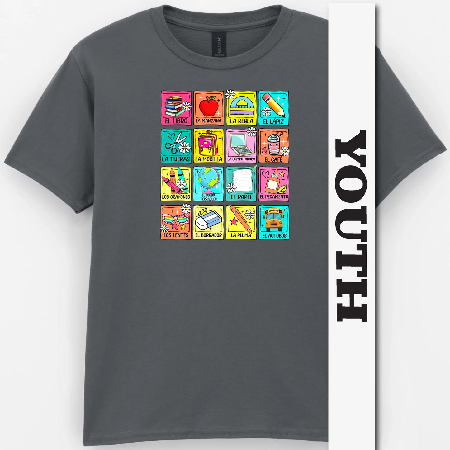 Spanish School Words – Colorful Bilingual Youth Shirt