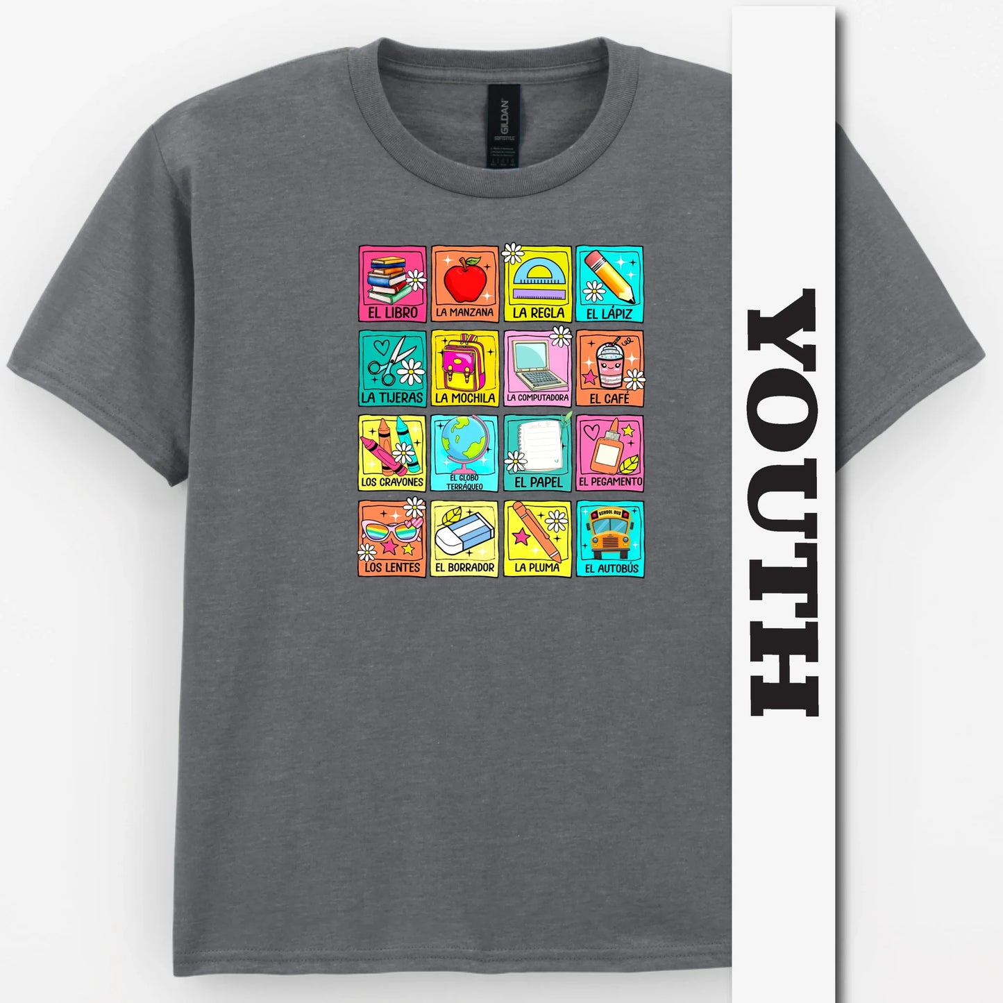 Spanish School Words – Colorful Bilingual Youth Shirt