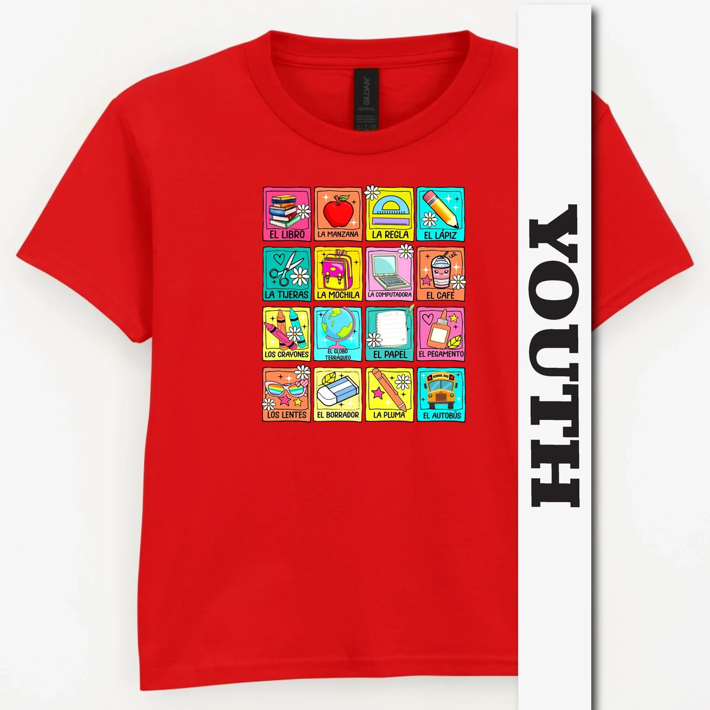 Spanish School Words – Colorful Bilingual Youth Shirt