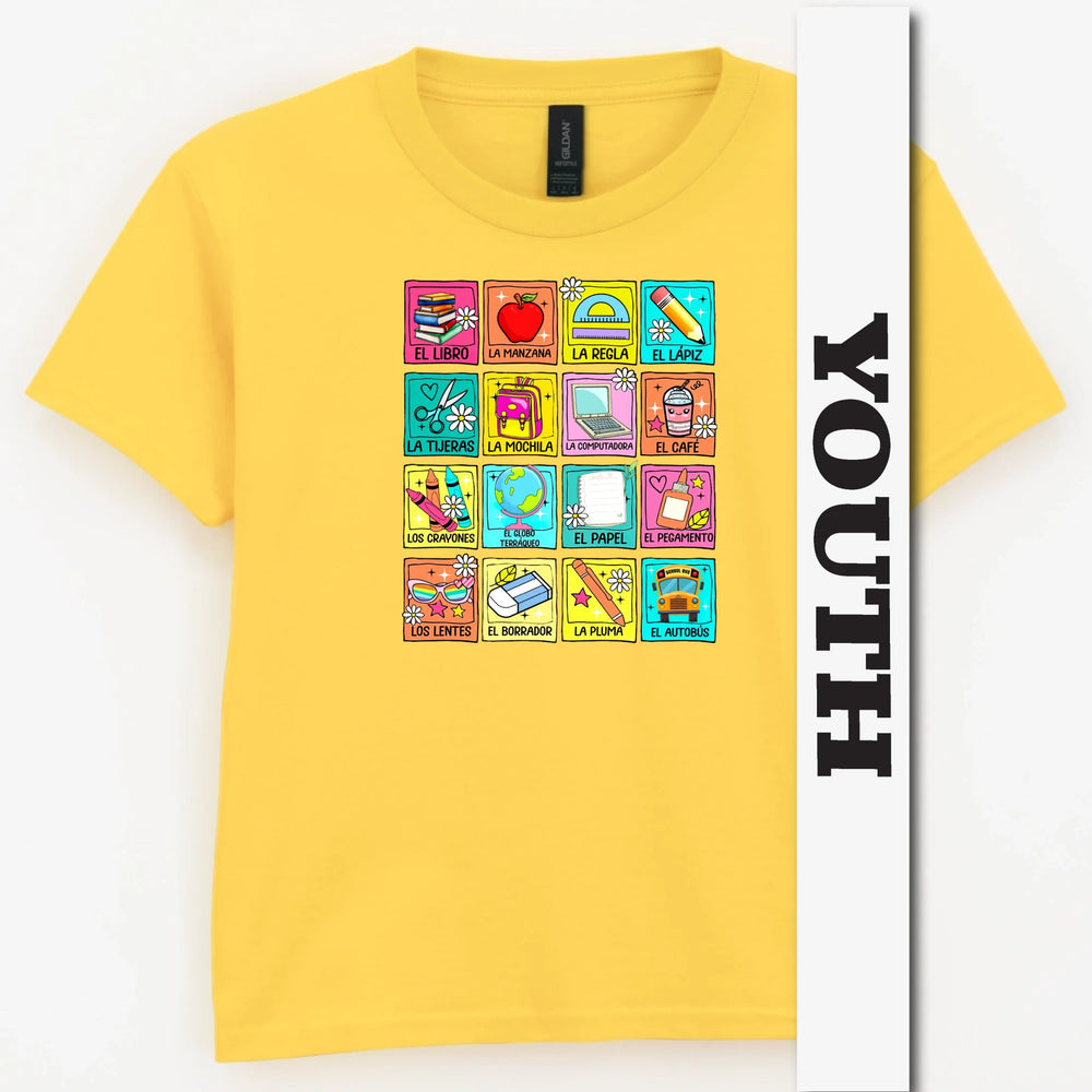 Spanish School Words – Colorful Bilingual Youth Shirt