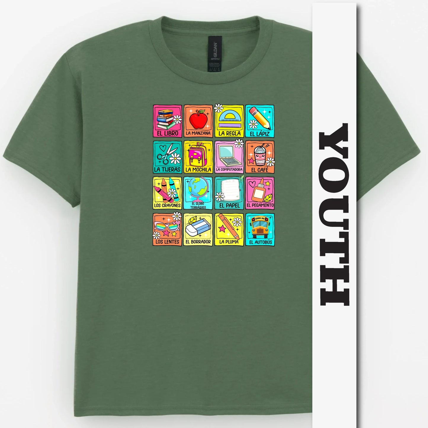 Spanish School Words – Colorful Bilingual Youth Shirt