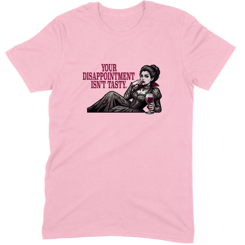 Disappointment Isn't Tasty design — a reclining Victorian vampire in grey lace holding a glass of red wine — printed on a light pink unisex t-shirt