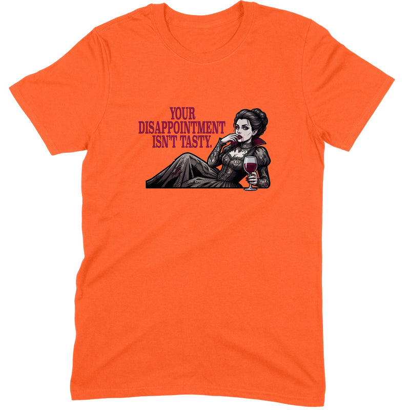 Disappointment Isn't Tasty design — a reclining Victorian vampire in grey lace holding a glass of red wine — printed on an orange unisex t-shirt