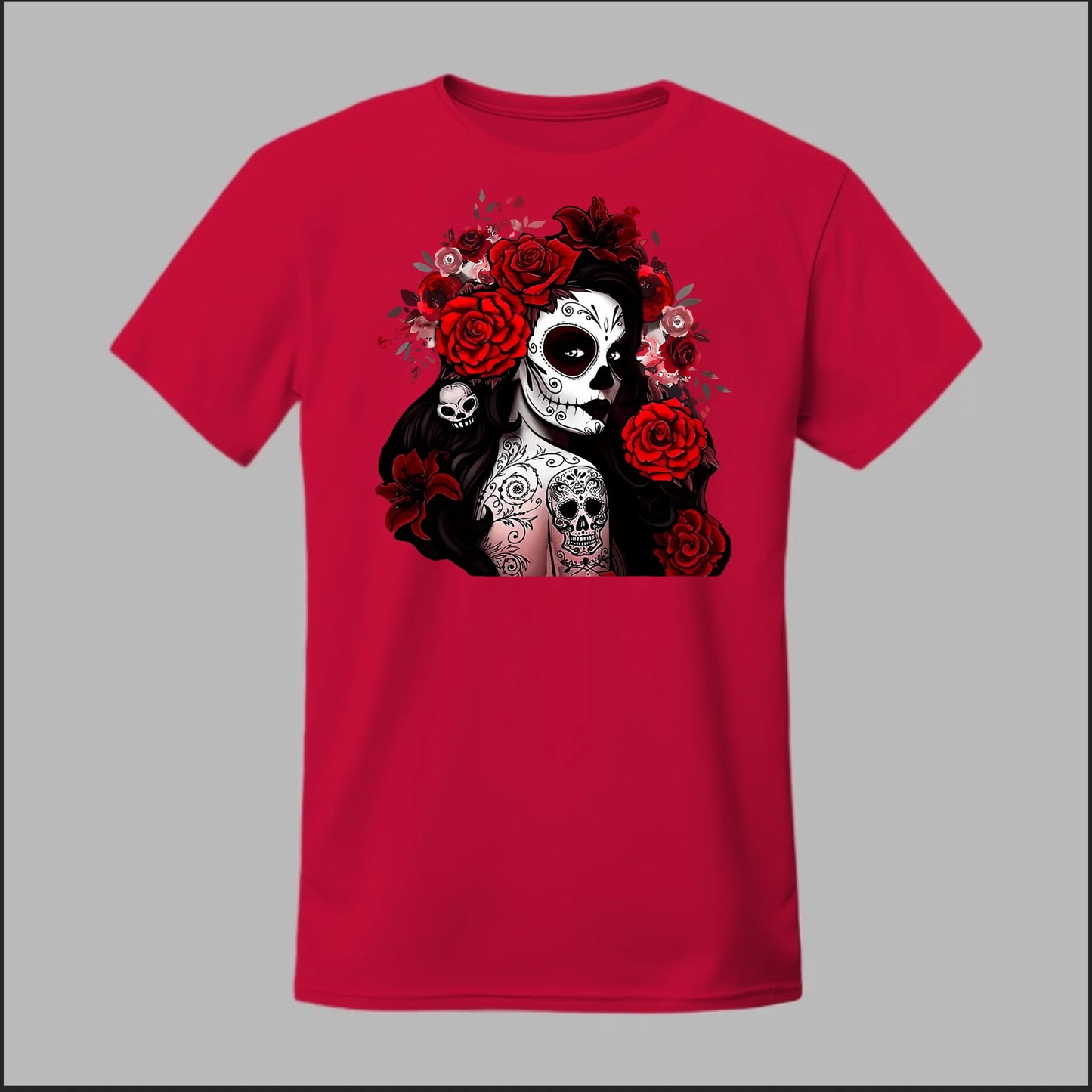 Día de los Muertos Red Roses Sugar Skull Tee