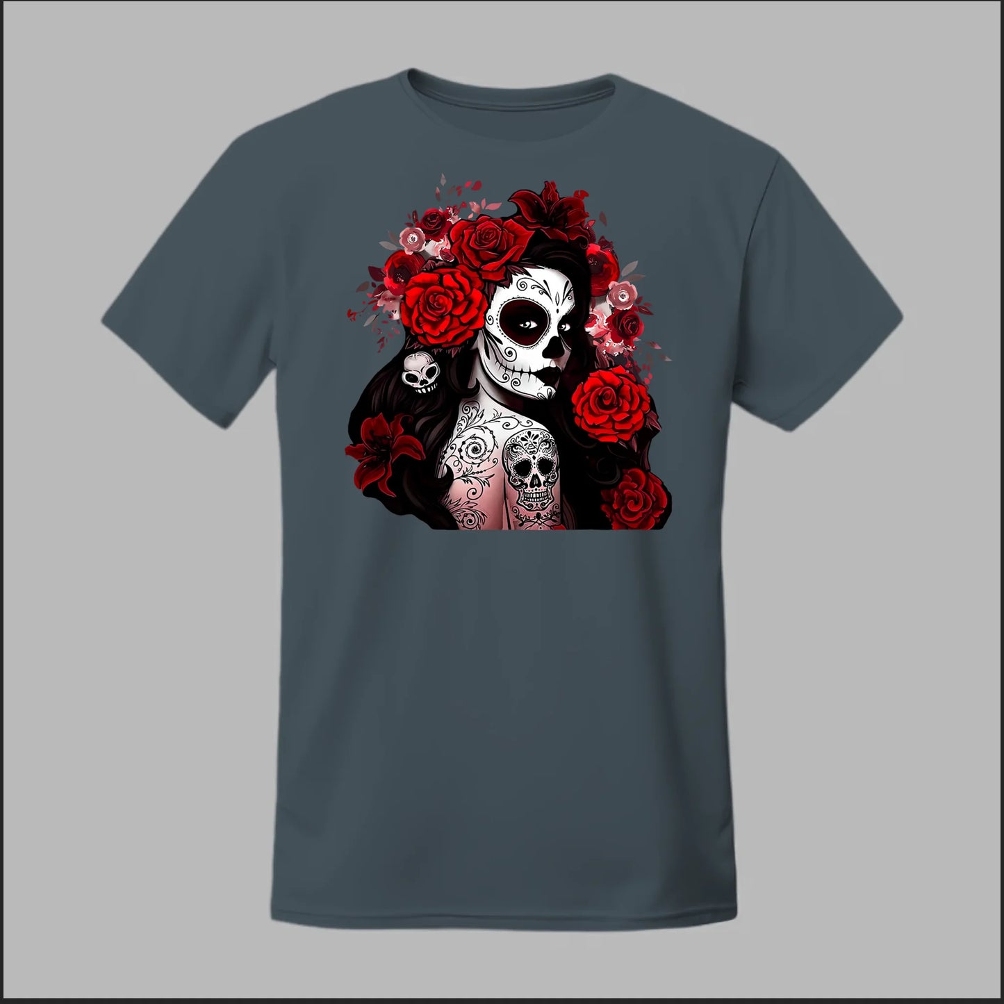 Día de los Muertos Red Roses Sugar Skull Tee