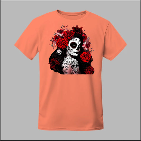 Día de los Muertos Red Roses Sugar Skull Tee