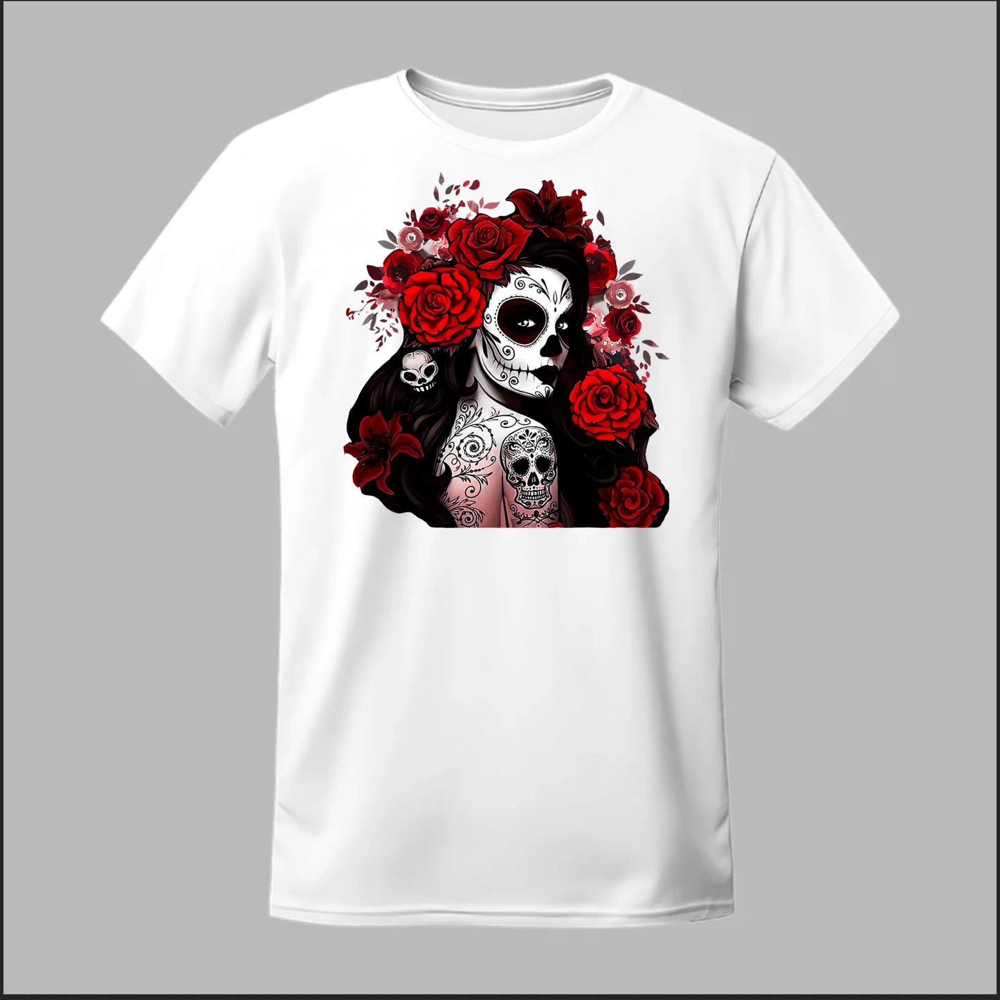 Día de los Muertos Red Roses Sugar Skull Tee