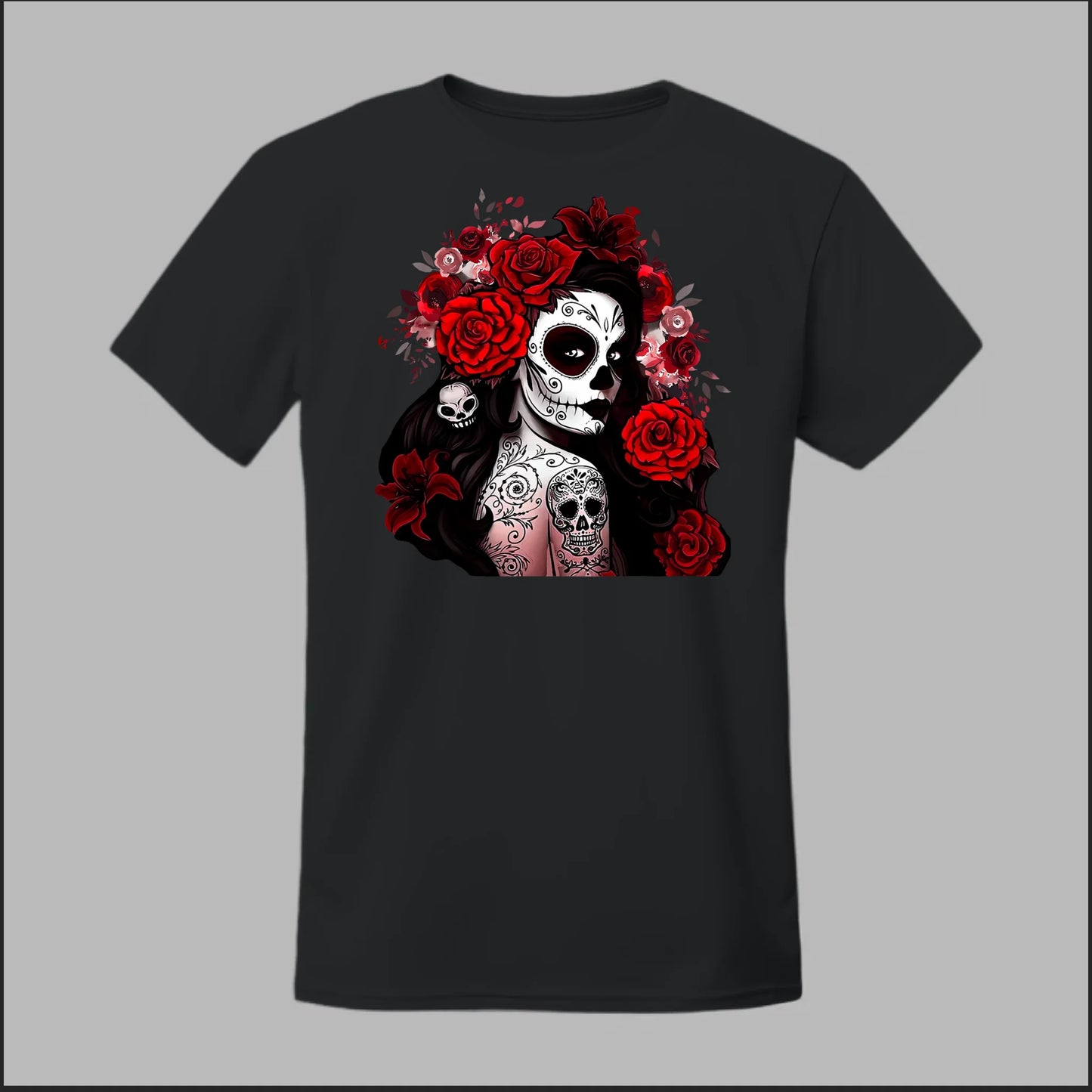 Día de los Muertos Red Roses Sugar Skull Tee