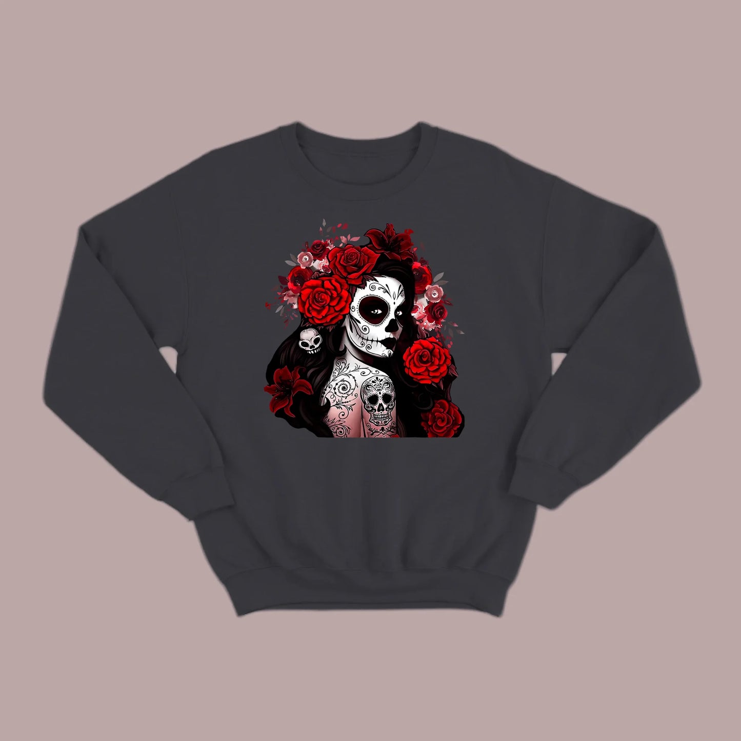 Día de los Muertos Red Roses Sugar Skull Sweatshirt