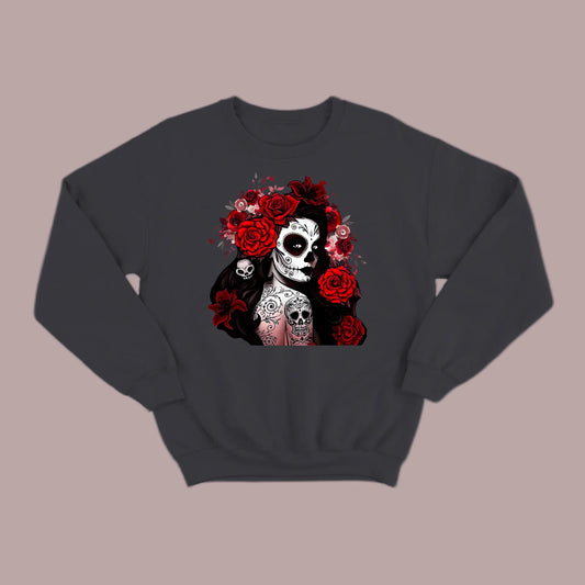 Día de los Muertos Red Roses Sugar Skull Sweatshirt