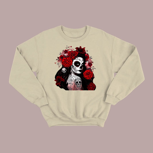 Día de los Muertos Red Roses Sugar Skull Sweatshirt