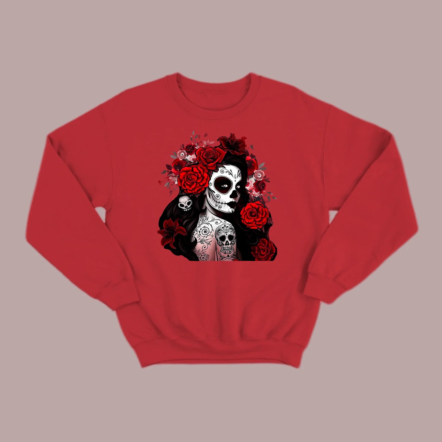 Día de los Muertos Red Roses Sugar Skull Sweatshirt