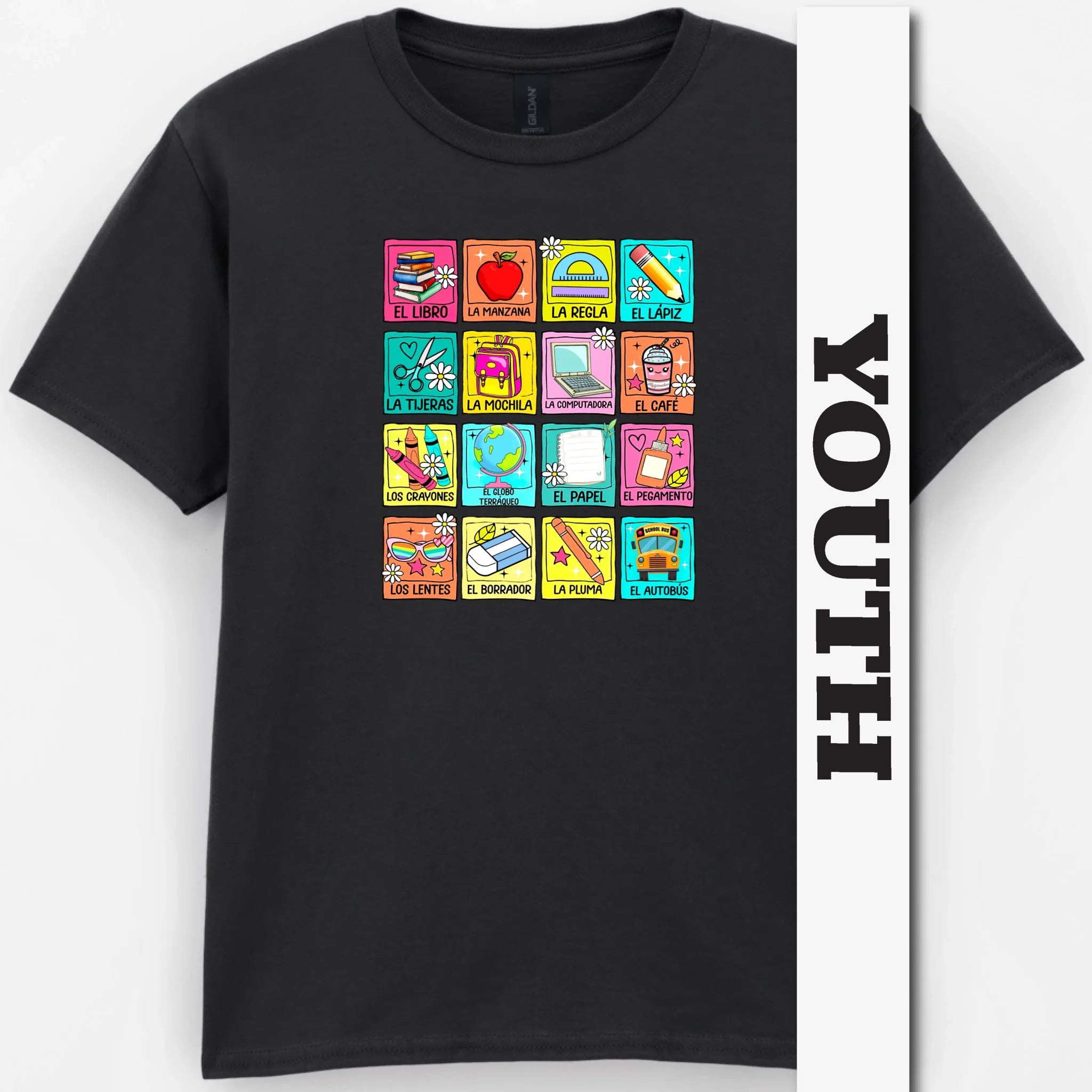 Spanish School Words – Colorful Bilingual Youth Shirt