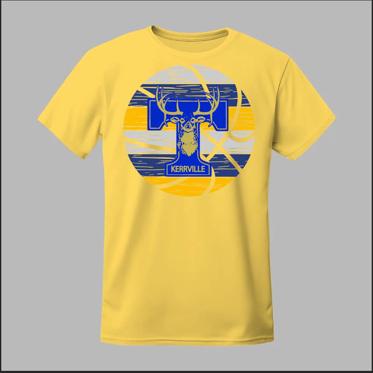 Yellow t-shirt with blue and gray graphic design on a gray background