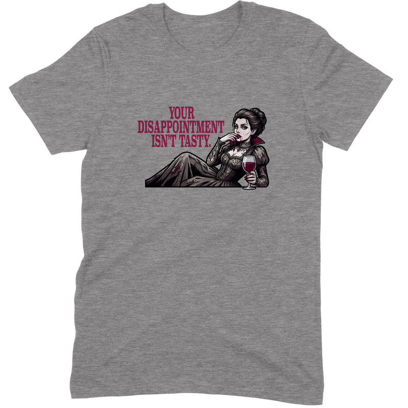 Disappointment Isn't Tasty design — a reclining Victorian vampire in grey lace holding a glass of red wine — printed on a graphite heather unisex t-shirt