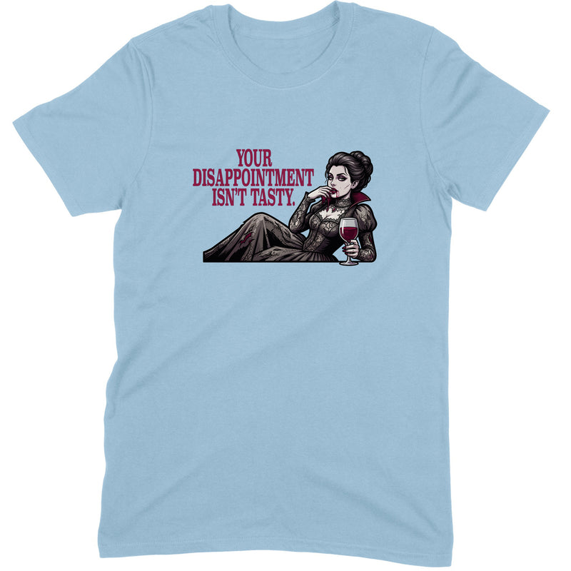 Disappointment Isn't Tasty design — a reclining Victorian vampire in grey lace holding a glass of red wine — printed on a light blue unisex t-shirt