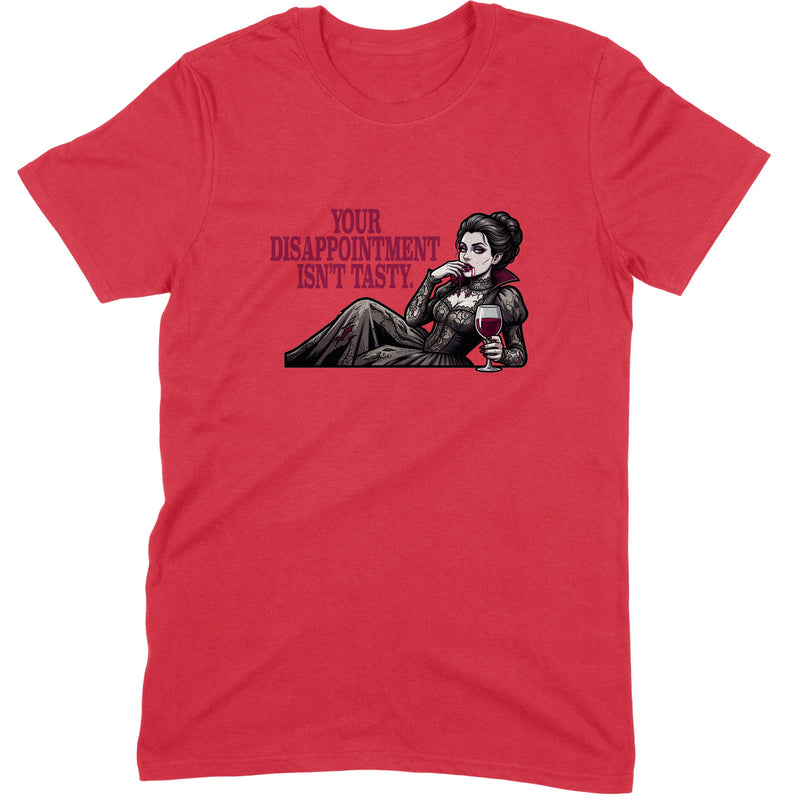 Disappointment Isn't Tasty design — a reclining Victorian vampire in grey lace holding a glass of red wine — printed on a red unisex t-shirt