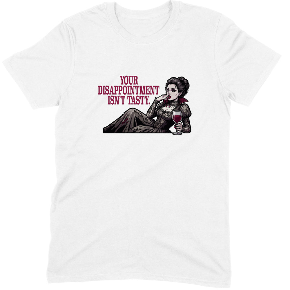 Disappointment Isn't Tasty design — a reclining Victorian vampire in grey lace holding a glass of red wine — printed on a white unisex t-shirt