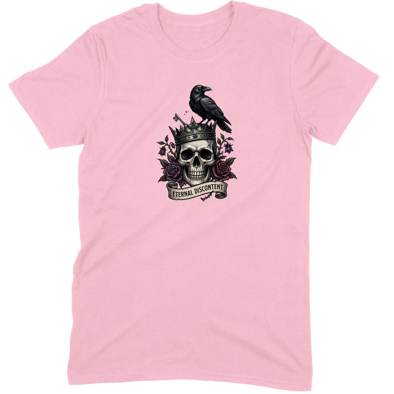Eternal Discontent design — a crowned skull with a raven, roses and a banner — printed on a light pink unisex t-shirt