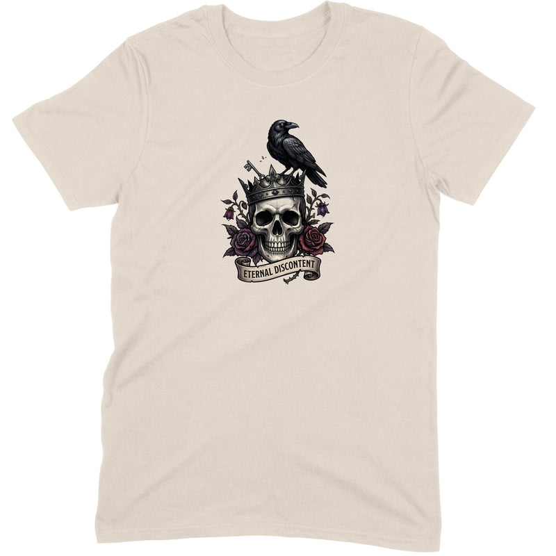 Eternal Discontent design — a crowned skull with a raven, roses and a banner — printed on a natural unisex t-shirt