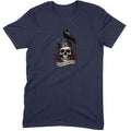 Eternal Discontent design — a crowned skull with a raven, roses and a banner — printed on a navy unisex t-shirt