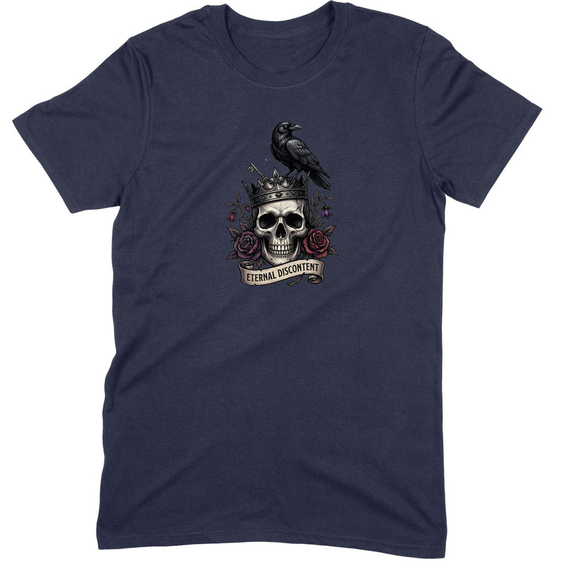 Eternal Discontent design — a crowned skull with a raven, roses and a banner — printed on a navy unisex t-shirt