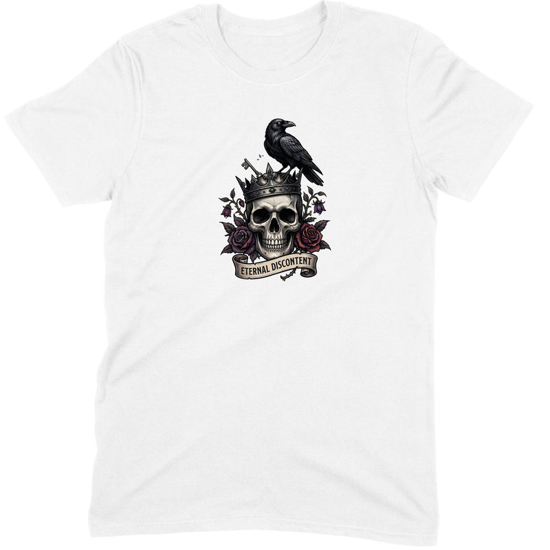 Eternal Discontent design — a crowned skull with a raven, roses and a banner — printed on a white unisex t-shirt